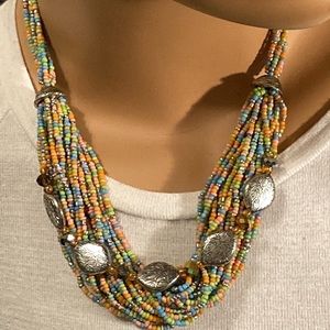 Fabulous bohemian multi-strand pastel seed bead necklace w/etched silver tone